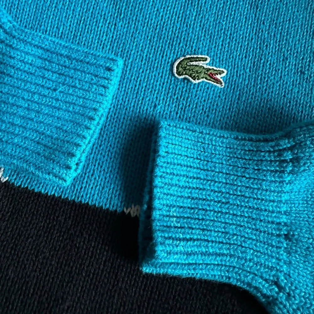 LACOSTE 🐊 Men’s Vintage Blue & Black Geometric All Cotton LS Sweater - Size LG - Picture 7 of 12